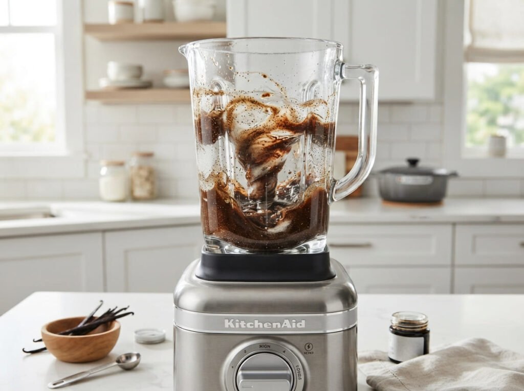 Clear glass blender mixing vanilla bean seeds, sugar, and liquid into a rich, dark vanilla paste.