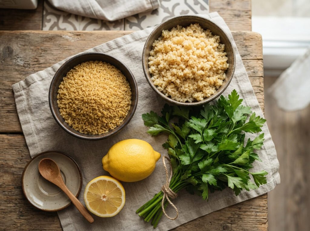 What Is Bulgur Recipes with dry and cooked bulgur wheat, parsley, and lemon
