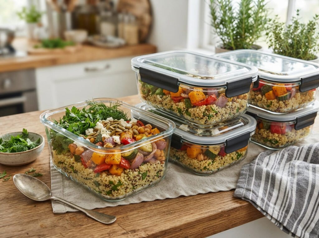 What Is Bulgur Recipes with bulgur meal prep containers, roasted vegetables, and fresh herbs