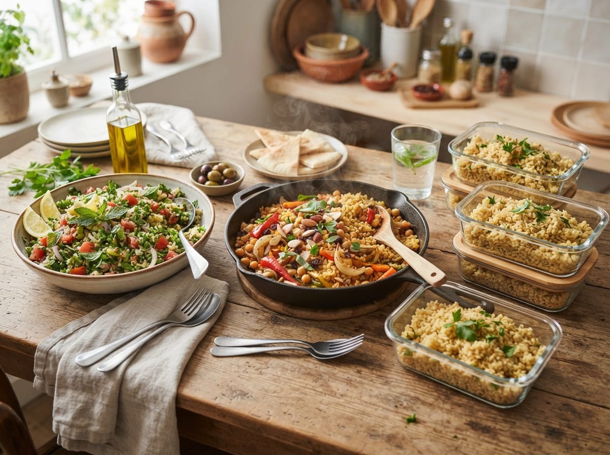 What Is Bulgur Recipes with cooked bulgur meal prep containers and Mediterranean dishes
