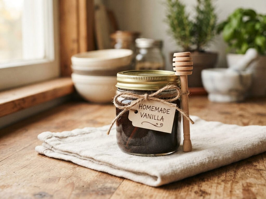 Sealed glass jar of homemade vanilla bean paste with a handwritten label and rustic twine bow, perfect for a DIY baking gift.