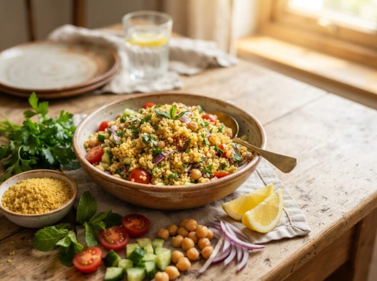 Bowl of cooked bulgur wheat with fresh Mediterranean ingredients