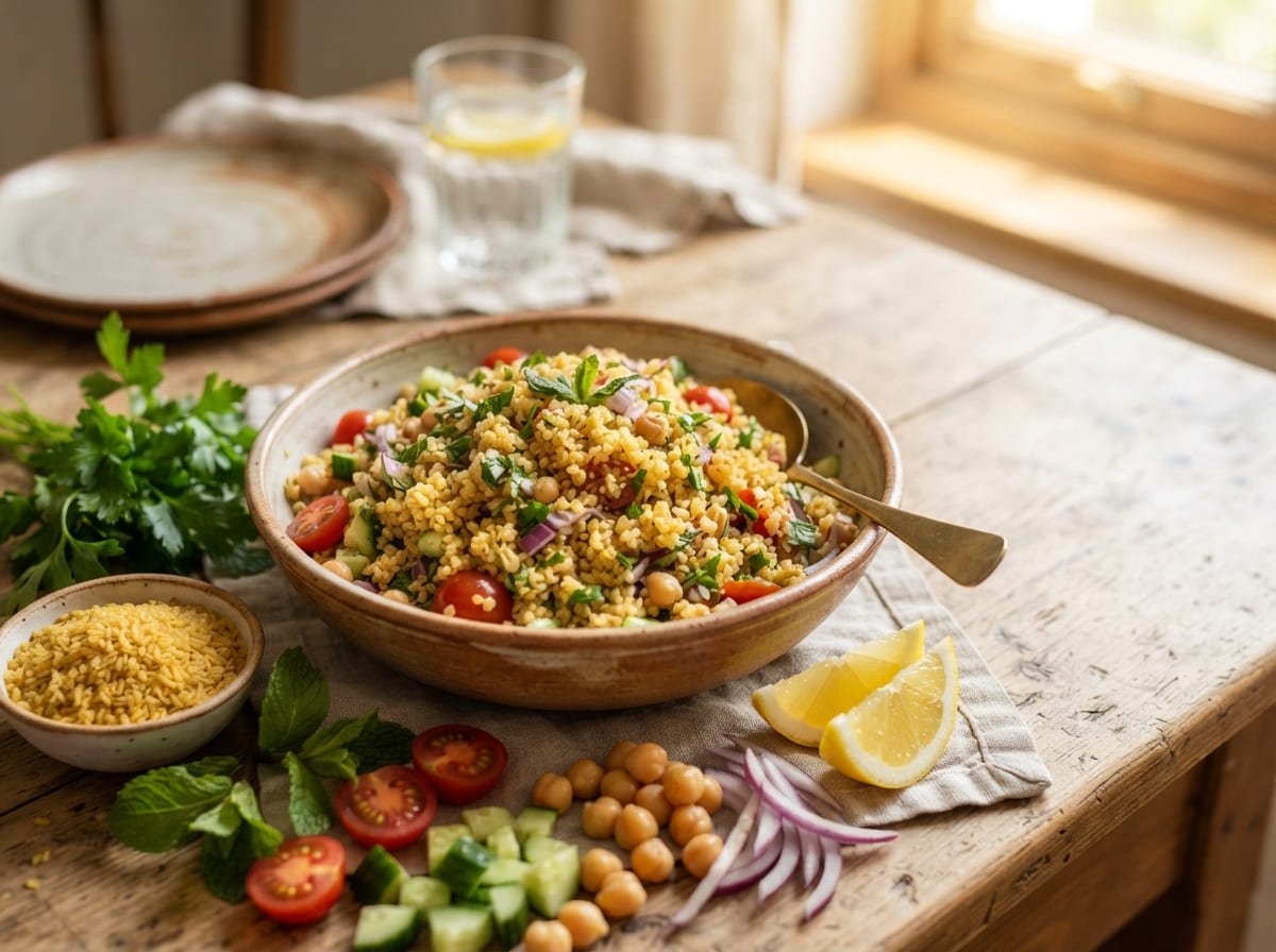 Bowl of cooked bulgur wheat with fresh Mediterranean ingredients