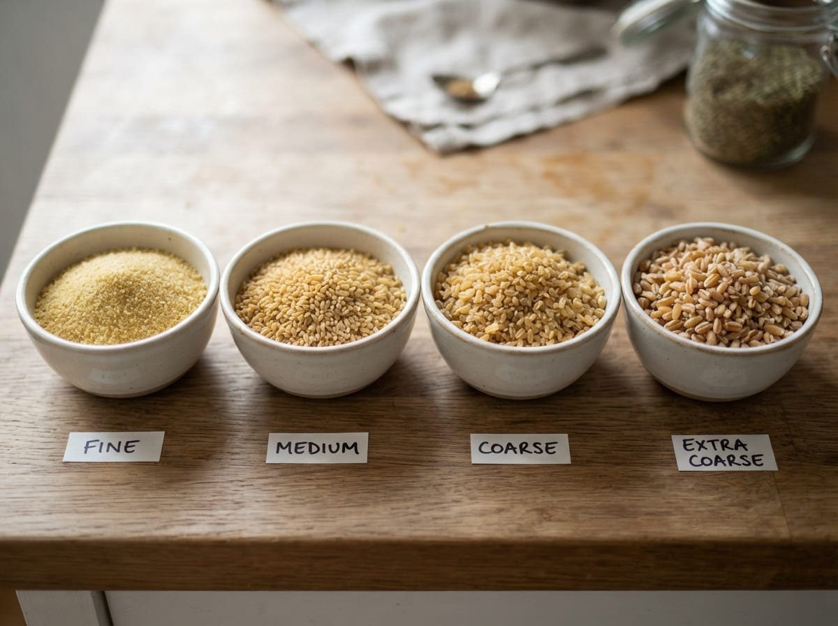 What Is Bulgur Recipes showing fine, medium, coarse, and extra coarse bulgur