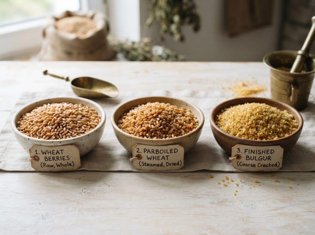 What Is Bulgur Recipes showing wheat berries, parboiled wheat, and finished cracked bulgur